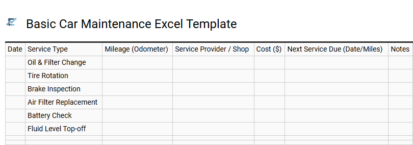 Basic Car Maintenance Excel Template