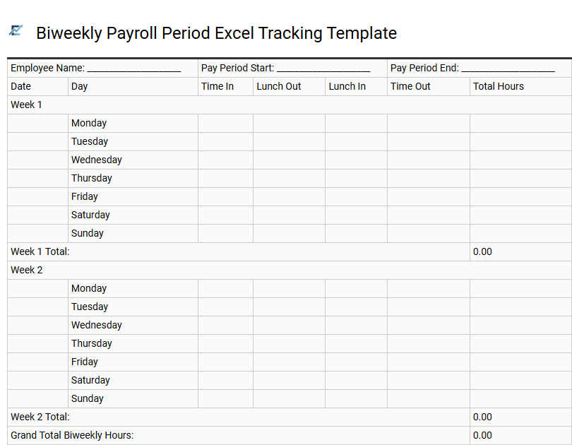 Biweekly Payroll Period Excel Tracking Template