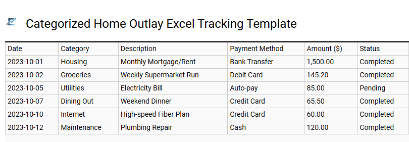 Categorized Home Outlay Excel Tracking Template