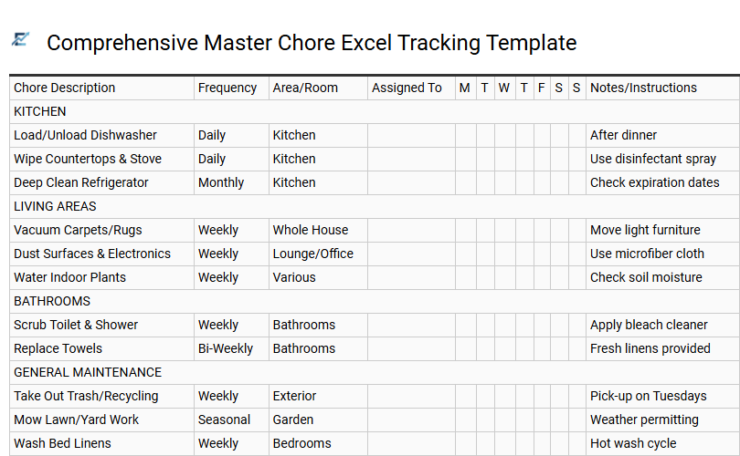 Comprehensive Master Chore Excel Tracking Template