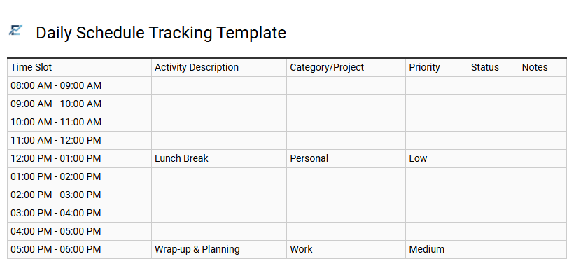 Daily Schedule Tracking Template