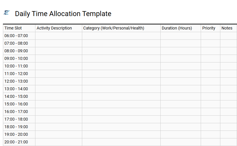 Daily Time Allocation Template