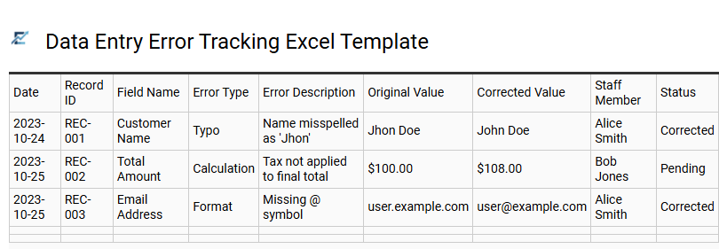 Data Entry Error Tracking Excel Template