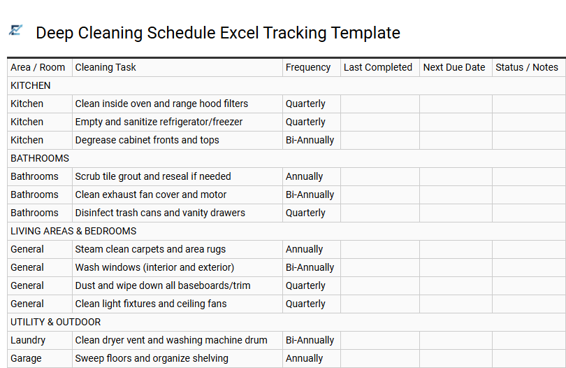 Deep Cleaning Schedule Excel Tracking Template