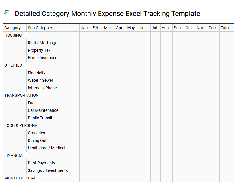 Detailed Category Monthly Expense Excel Tracking Template