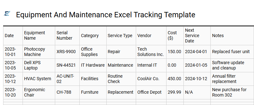 Equipment Maintenance Excel Tracking Template
