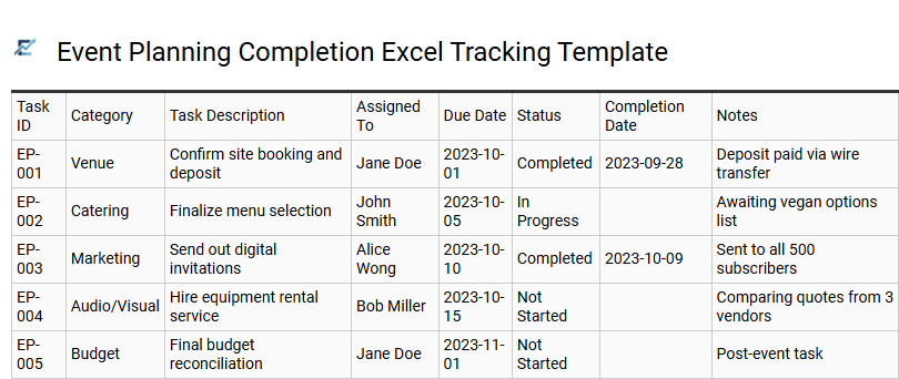 Event Planning Completion Excel Tracking Template