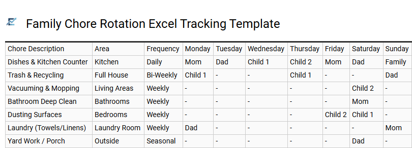 Family Chore Rotation Excel Tracking Template