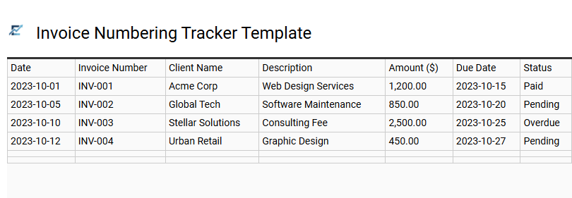 Invoice Numbering Tracker Template