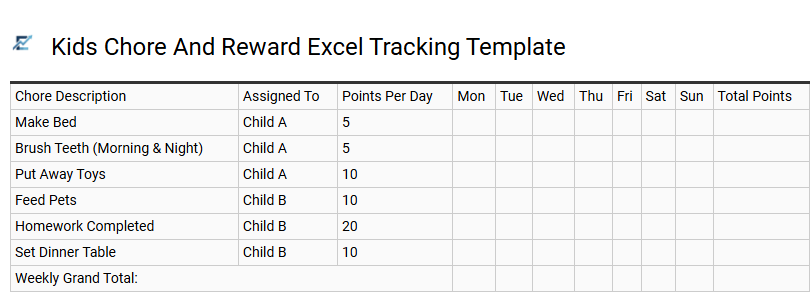 Kids Chore And Reward Excel Tracking Template