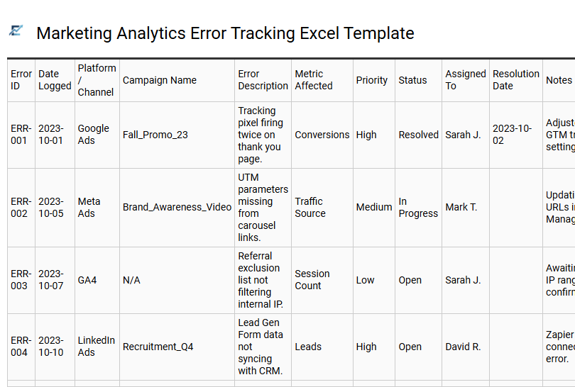 Marketing Analytics Error Tracking Excel Template