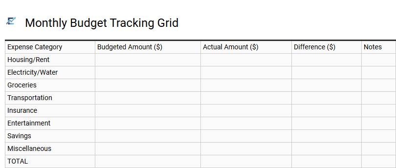 Monthly Budget Tracking Grid