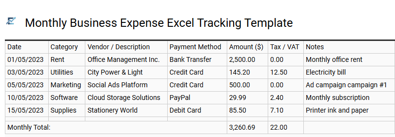 Monthly Business Expense Excel Tracking Template