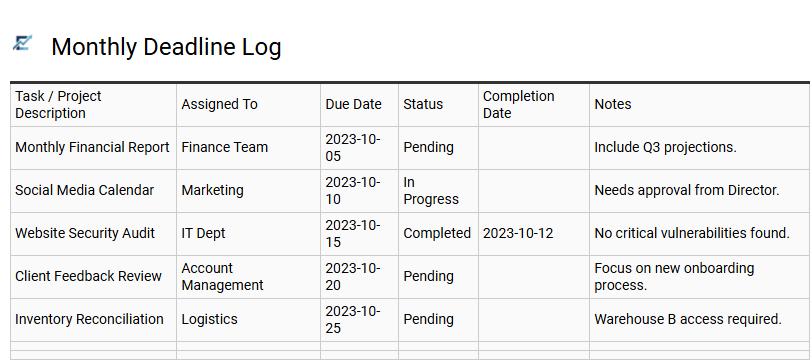 Monthly Deadline Log