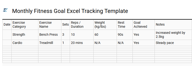 Monthly Fitness Goal Excel Tracking Template