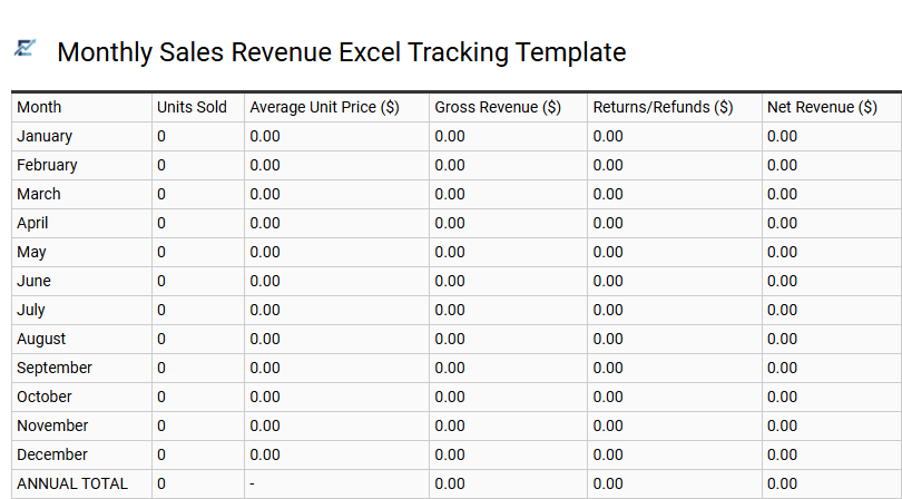 Monthly Sales Revenue Excel Tracking Template