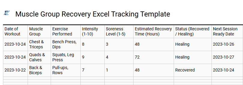 Muscle Group Recovery Excel Tracking Template
