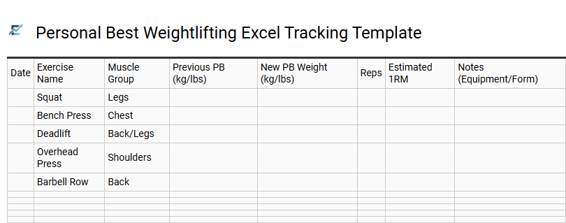 Personal Best Weightlifting Excel Tracking Template