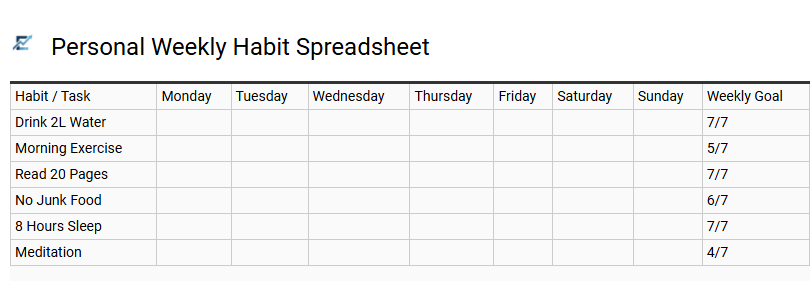 Personal Weekly Habit Spreadsheet