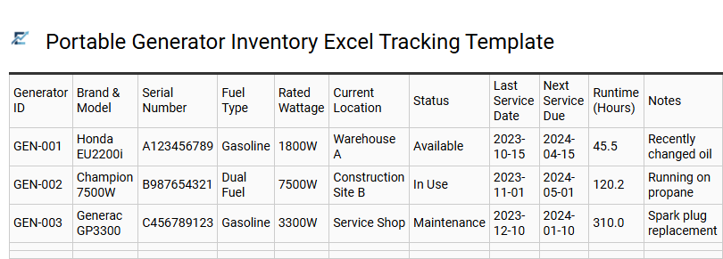 Portable Generator Inventory Excel Tracking Template