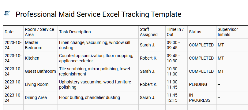 Professional Maid Service Excel Tracking Template