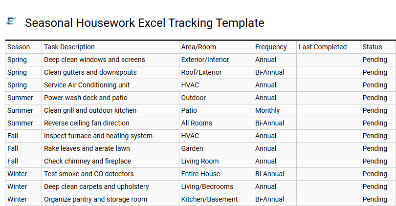 Seasonal Housework Excel Tracking Template