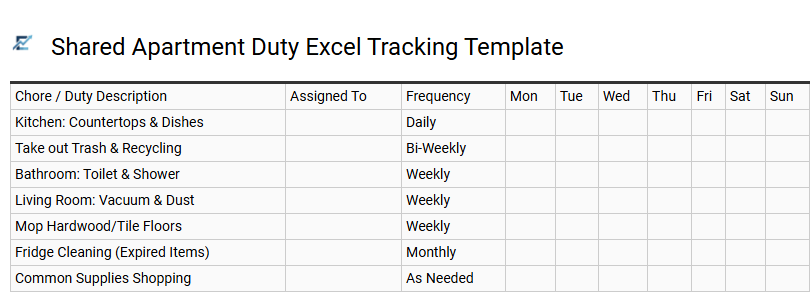 Shared Apartment Duty Excel Tracking Template