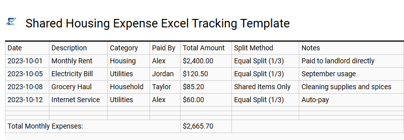 Shared Housing Expense Excel Tracking Template