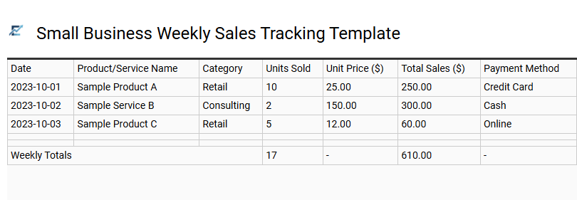 Small Business Weekly Sales Tracking Template