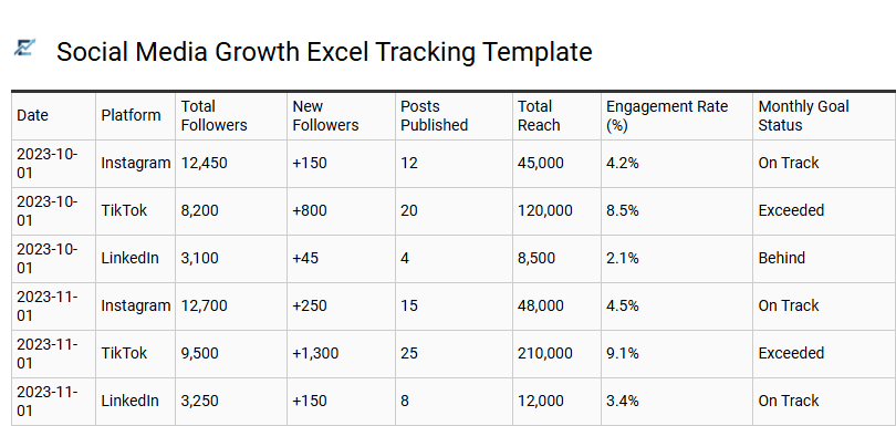 Social Media Growth Excel Tracking Template