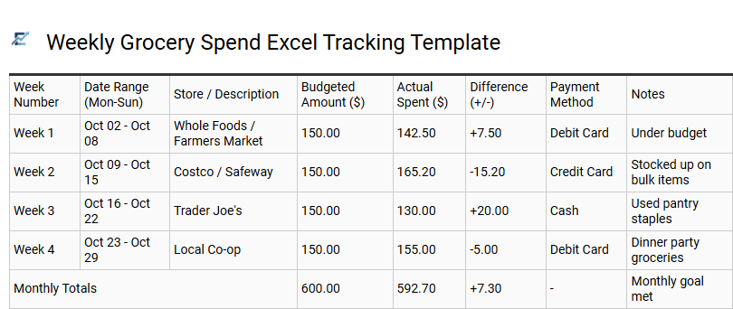 Weekly Grocery Spend Excel Tracking Template
