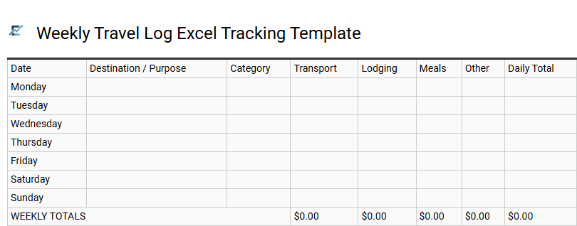 Weekly Travel Log Excel Tracking Template