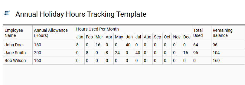 Annual Holiday Hours Tracking Template