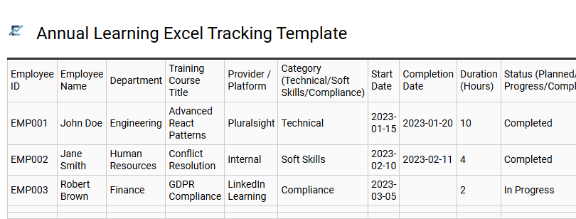 Annual Learning Excel Tracking Template
