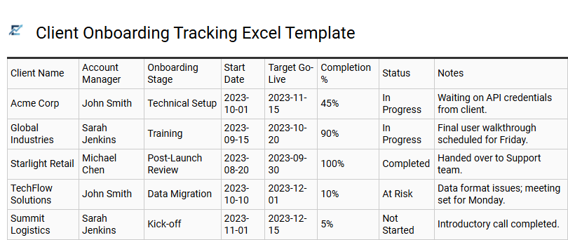 Client Onboarding Tracking Excel Template