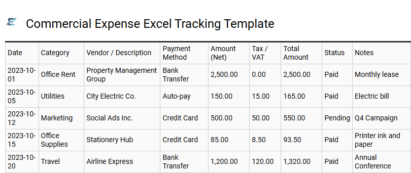 Commercial Expense Excel Tracking Template