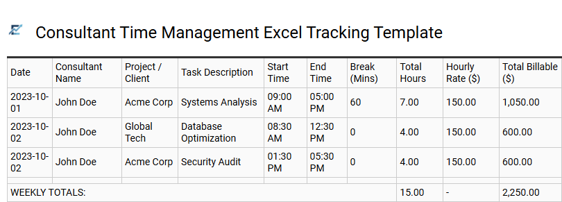 Consultant Time Management Excel Tracking Template