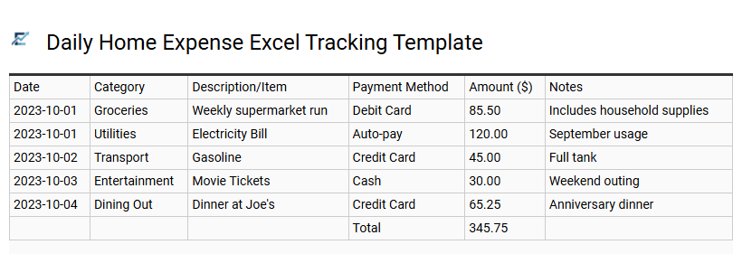 Daily Home Expense Excel Tracking Template
