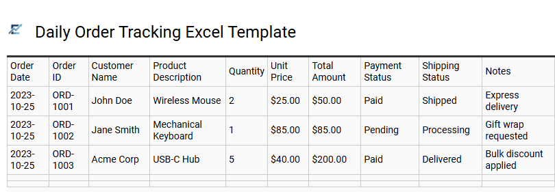 Daily Order Tracking Excel Template