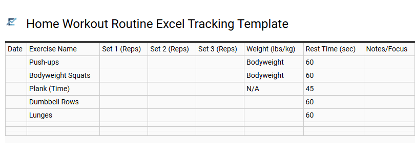 Home Workout Routine Excel Tracking Template