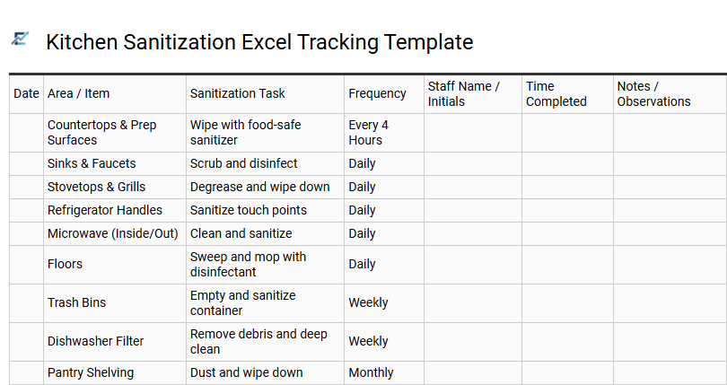 Kitchen Sanitization Excel Tracking Template