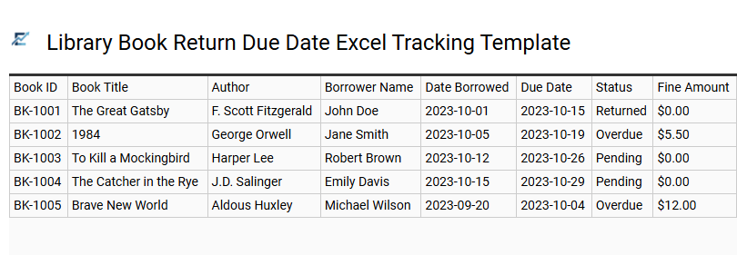 Library Book Return Due Date Excel Tracking Template