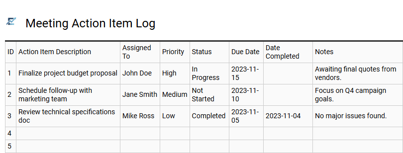 Meeting Action Item Log