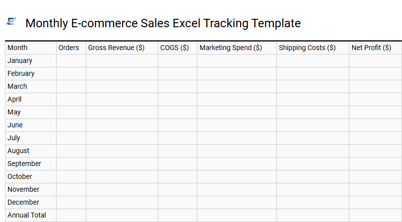 Monthly E-commerce Sales Excel Tracking Template