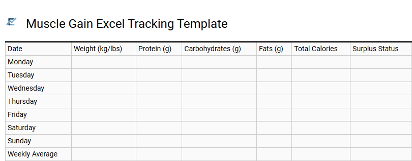 Muscle Gain Excel Tracking Template