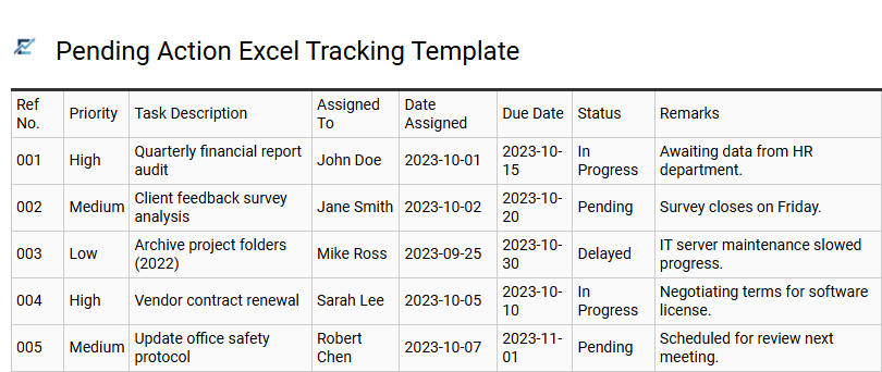 Pending Action Excel Tracking Template