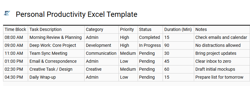 Personal Productivity Excel Template