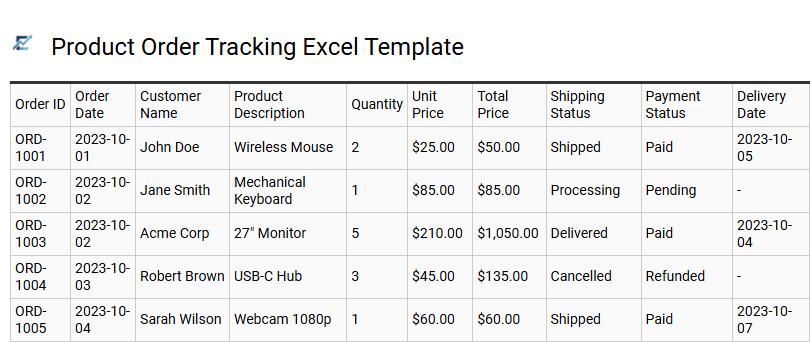 Product Order Tracking Excel Template