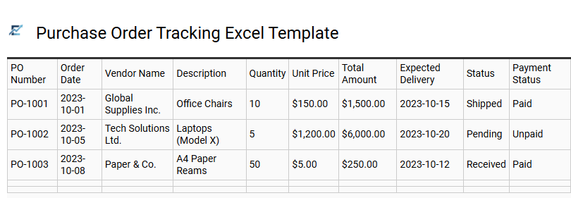 Purchase Order Tracking Excel Template