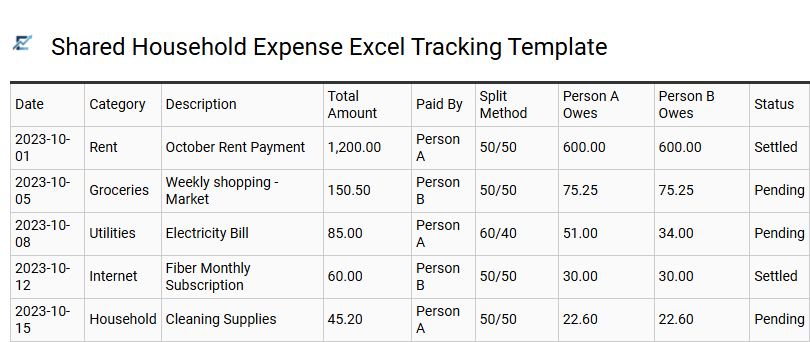 Shared Household Expense Excel Tracking Template